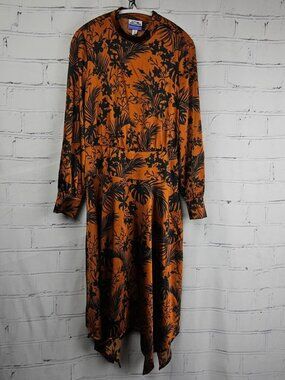 Brown Satin Floral Midi Dress Handkerchief Hem Womens L Future Collective Fall
